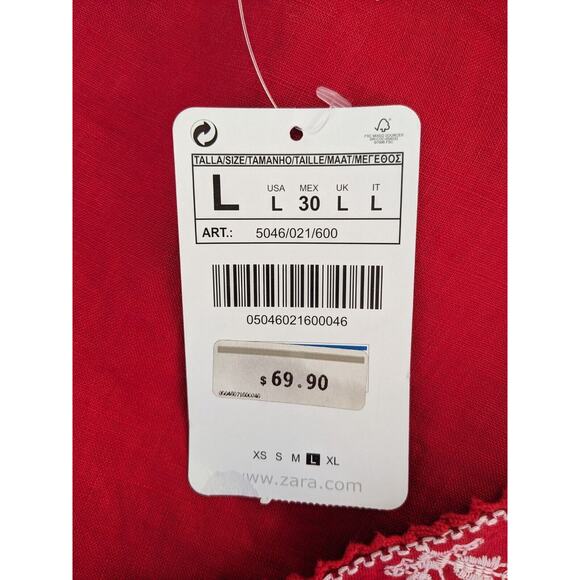 New Zara Basic Size Large Embroidered Shift Dress Red White Linen Short Sleeves - Picture 3 of 16